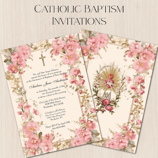 Invitation Catholique Baptême Fille Baptême Christening Rose