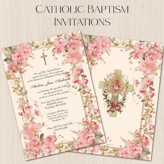Invitation Catholique Baptême Fille Baptême Christening Rose 