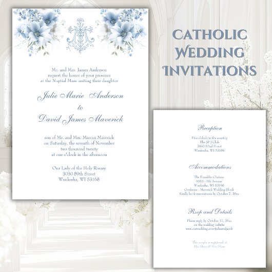 Invitation Catholique Bleu Floral Religieux Marie Mariage
