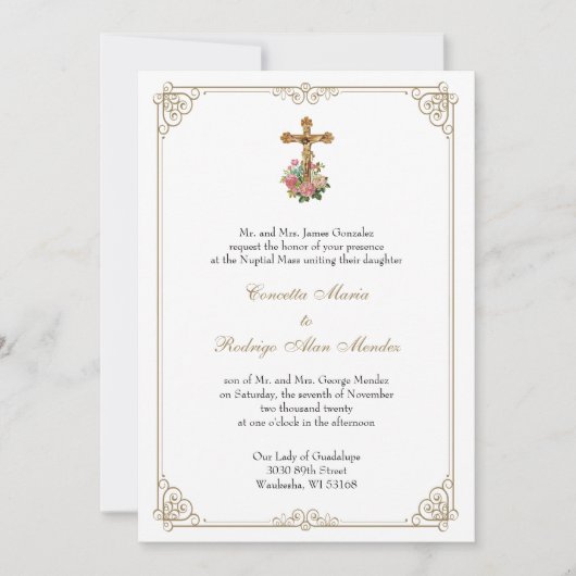 Invitation Catholique Crucifix Floral Mariage Gold (Devant)