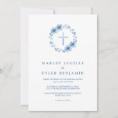 Invitation Catholique Dusty Blue Floral Cross Mariage (Devant)