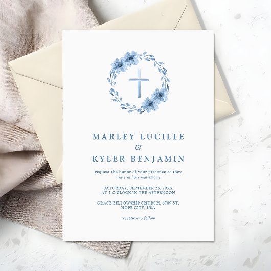 Invitation Catholique Dusty Blue Floral Cross Mariage