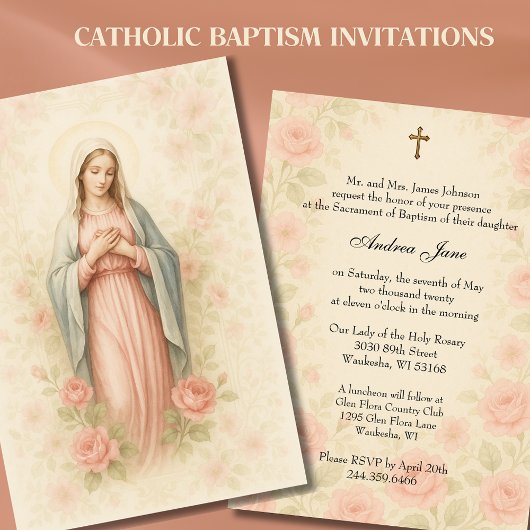 Invitation Catholique Fille Baptême Mère Mary Roses Rose