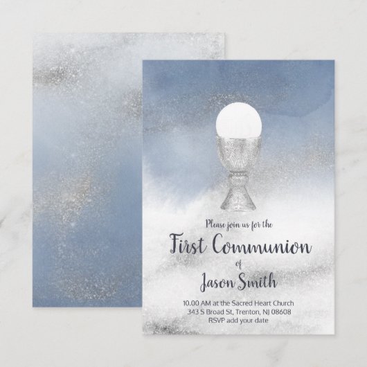 Invitation catholique première communion aquarelle marbre (Devant / Derrière)