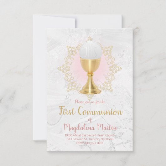 Invitation catholique première communion gris rose design (Devant)