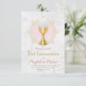 Invitation catholique première communion gris rose design (Debout devant)