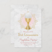 Invitation catholique première communion gris rose design (Devant / Derrière)