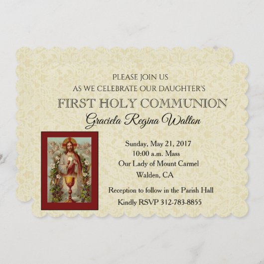 Invitation Catholique Première Sainte Communion Jésus Lys (Devant / Derrière)