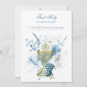 Invitation Catholique Sainte Communion Bleu Floral (Devant)