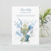 Invitation Catholique Sainte Communion Bleu Floral (Debout devant)