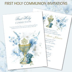 Invitation Catholique Sainte Communion Bleu Floral