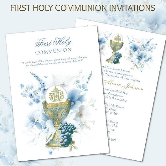 Invitation Catholique Sainte Communion Bleu Floral