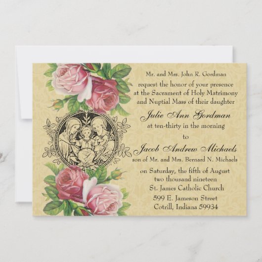 Invitation Catholique Sainte Famille Rose Roses Mariage (Devant)