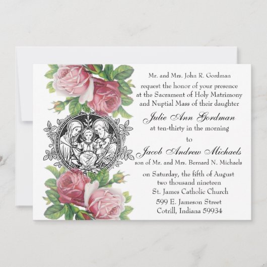 Invitation Catholique Sainte Famille Rose Roses Mariage (Devant)