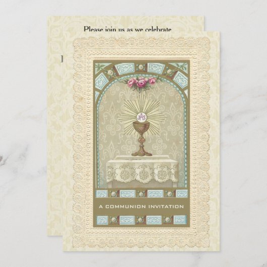 Invitation Catholique Vintage Première Communion (Devant / Derrière)