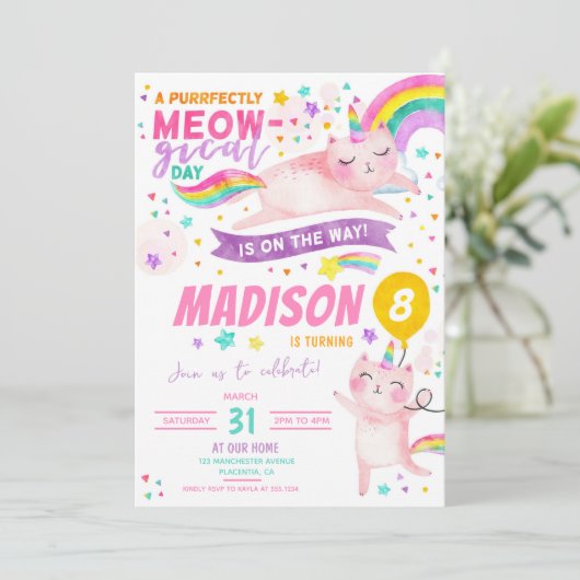 Invitation Caticorn fête d'anniversaire Chat unicorne arc-en- (Debout devant)