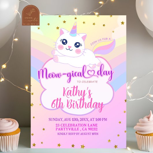 Invitation Caticorn Rainbow Girl Anniversaire