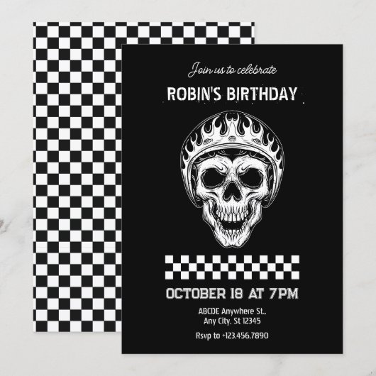 Invitation Cavalier de moto tête de crâne anniversaire (Devant / Derrière)