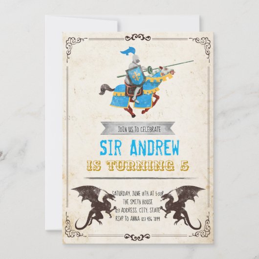 Invitation Cavalier médiéval et fête d'anniversaire de dragon (Devant)