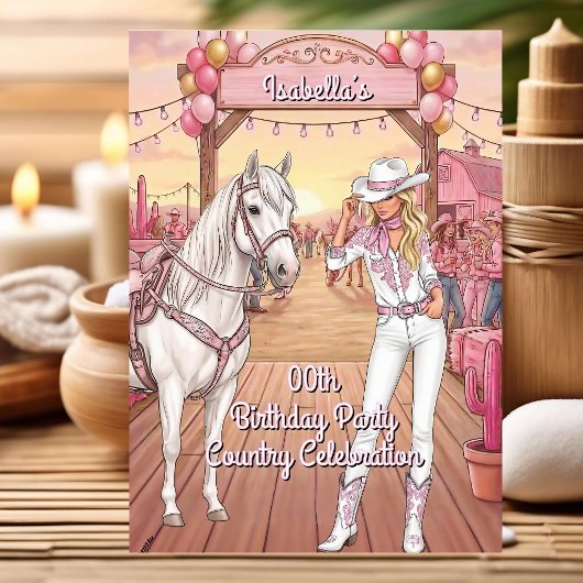 Invitation Cavalière Cheval Rose Blanc Ranch Fête d'anniversa