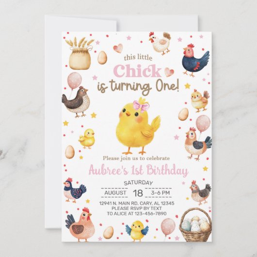 Invitation Ce petit poussin tourne une fille 1er anniversaire (Devant)