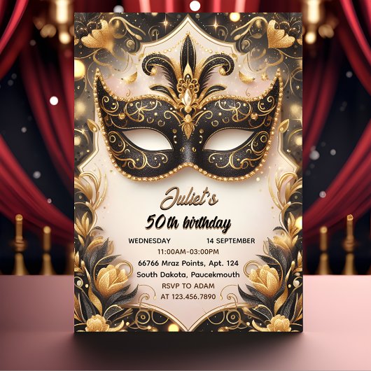 Invitation Ce Tutu Black Gold Chic Masquerade 50e anniversair