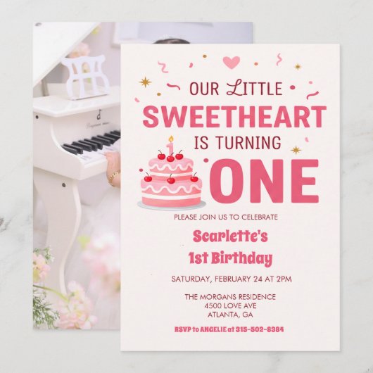 Invitation Celebrate Little Sweetheart Turning one Photo Cake (Devant / Derrière)