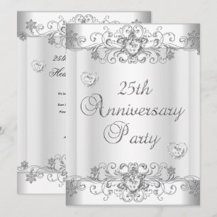 Invitation Célébration 25 ans Argent Diamant Blanc Cœurs