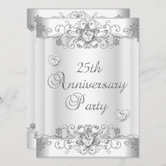 Invitation Célébration 25e Anniversaire Argent Cœur Diamant B (Devant / Derrière)