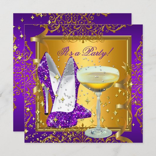 Invitation Célébration Champagne violet Royal Gold Party (Devant / Derrière)
