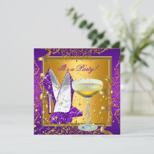 Invitation Célébration Champagne violet Royal Gold Party (Debout devant)
