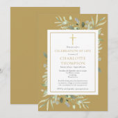 Invitation Célébration chrétienne de la vie en feuillage doré (Devant / Derrière)