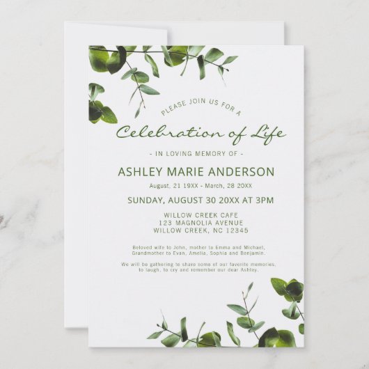 Invitation Célébration commémorative d'eucalyptus élégant de (Devant)