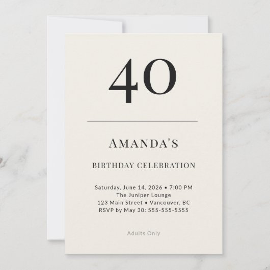 Invitation Célébration d'anniversaire 40 ans Classique Noir & (Devant)