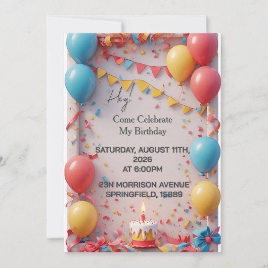 Invitation Célébration d'anniversaire avec ballons (Devant)