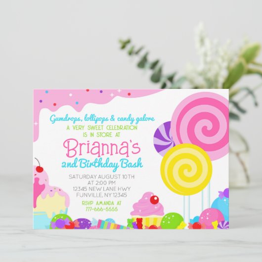 Invitation Célébration d'anniversaire Candy Sweet (Debout devant)