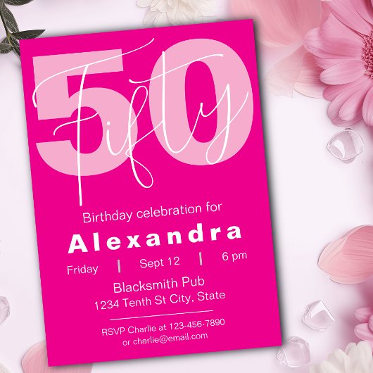 Invitation Célébration d'anniversaire de 50 ans rose et blanc