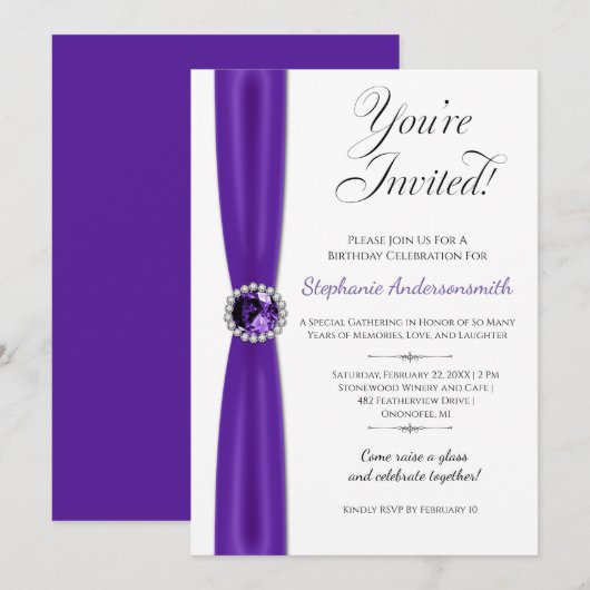 Invitation Célébration d'anniversaire de février - Améthyste (Devant / Derrière)