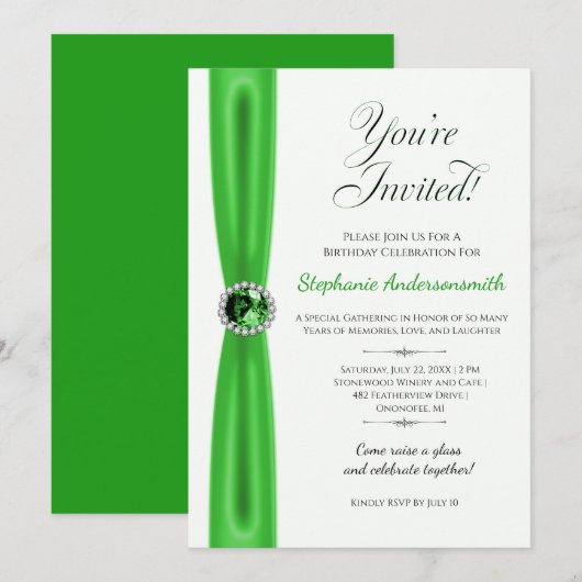 Invitation Célébration d'anniversaire de mai - Émeraude verte (Devant / Derrière)