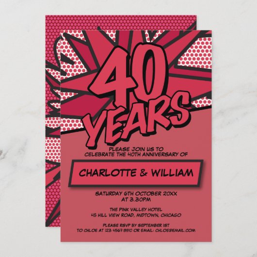 Invitation Célébration d'anniversaire de mariage de rubis de  (Devant / Derrière)