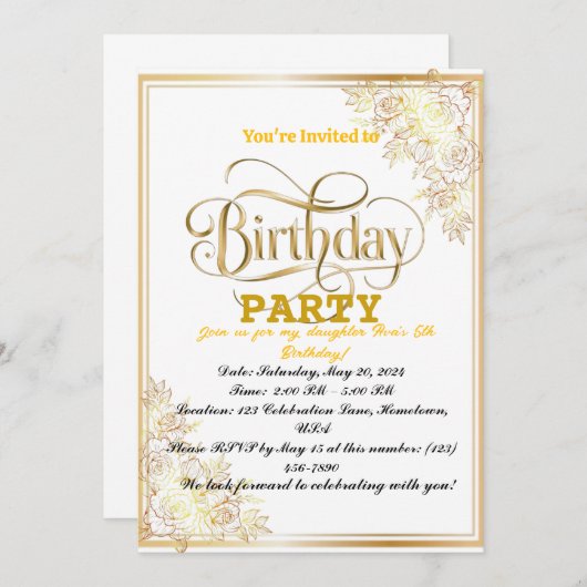 Invitation Célébration d'anniversaire dorée ! (Devant / Derrière)