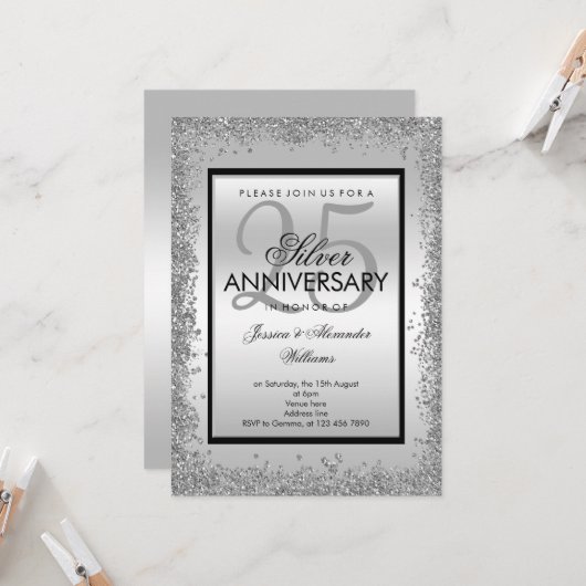 Invitation Célébration de 25 ans de mariage Argent et Noir Pa (Devant/Arrière en situation)