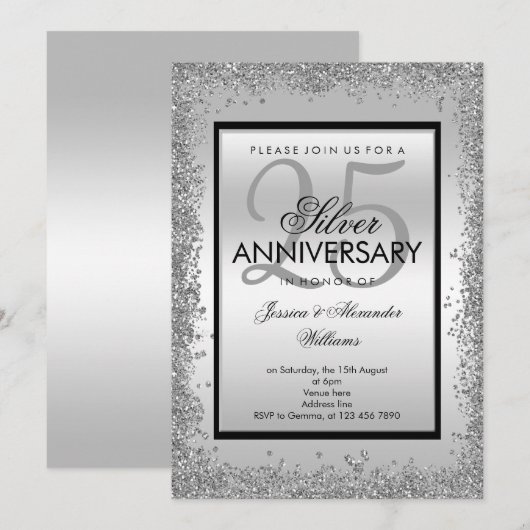 Invitation Célébration de 25 ans de mariage Argent et Noir Pa (Devant / Derrière)