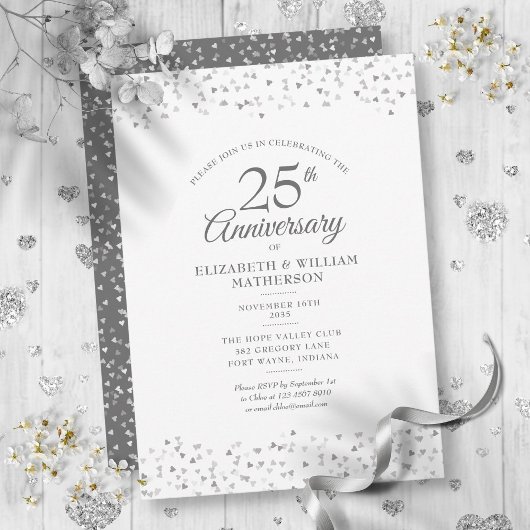 Invitation Célébration de 25 ans de mariage coeurs en confett