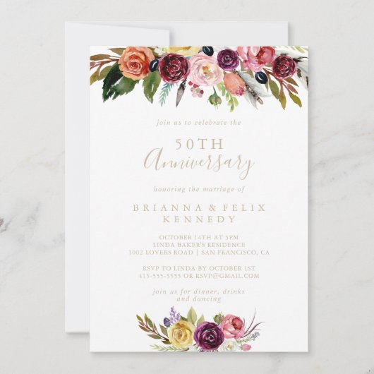 Invitation Célébration de 50 ans de mariage Boho Floral Plume (Devant)