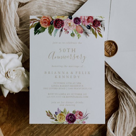 Invitation Célébration de 50 ans de mariage Boho Floral Plume