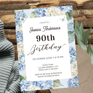 Invitation Célébration de 90 ans : Hydrangea Bleu pour Adulte