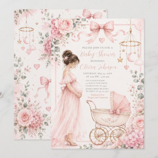 Invitation Célébration de Baby Shower Rose (Devant / Derrière)