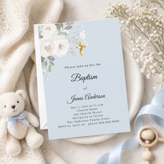 Invitation Célébration de baptême fleurs bleues et blanches g