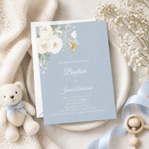 Invitation Célébration de baptême florales blanches bleu pous
